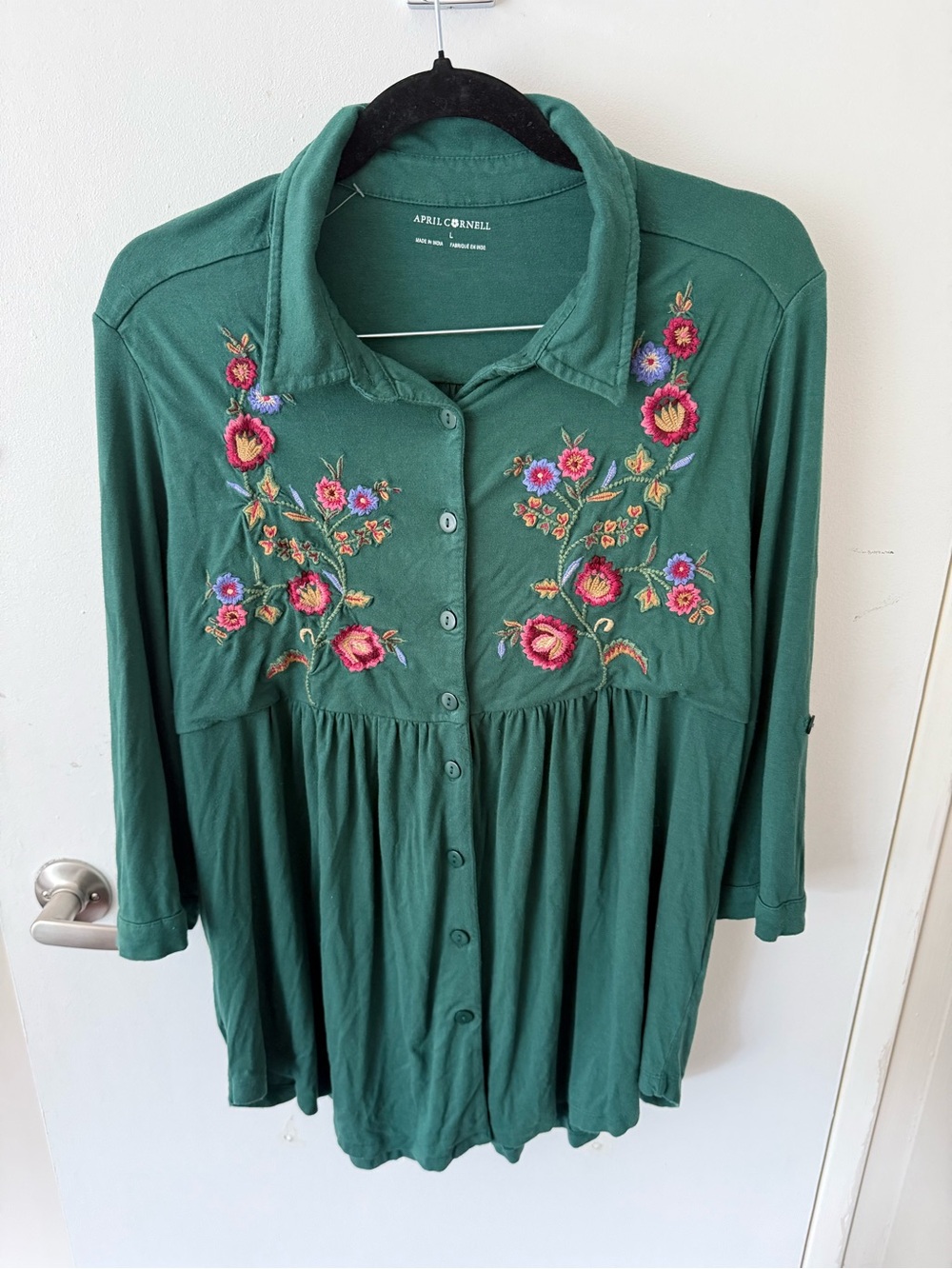 April Cornell Forest Green Floral-Embroidered Button Tunic